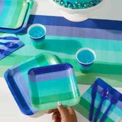 Hallmark Color Pop 96-Piece Tableware Basics Party Kit, Cool Ombré Stripe -Hallmark Blue Green Stripe Party in a Box Party Supplies 5CLP1009 02