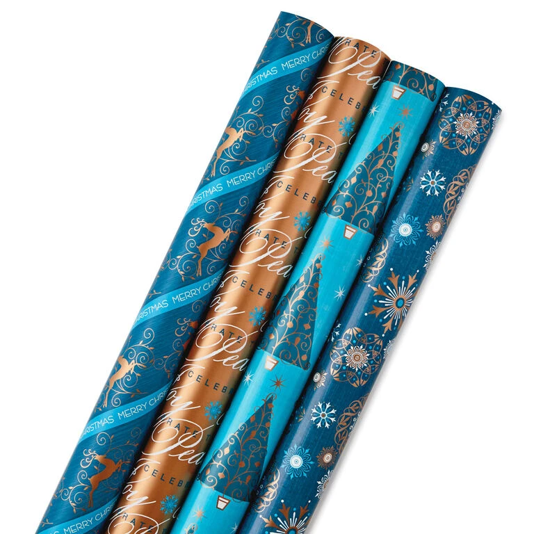 Hallmark Elegant Blues 4-Pack Blue And Gold Reversible Wrapping Paper, 150 Sq. Ft. 1 Hallmark Elegant Blues 4-Pack Blue And Gold Reversible Wrapping Paper, 150 Sq. Ft.