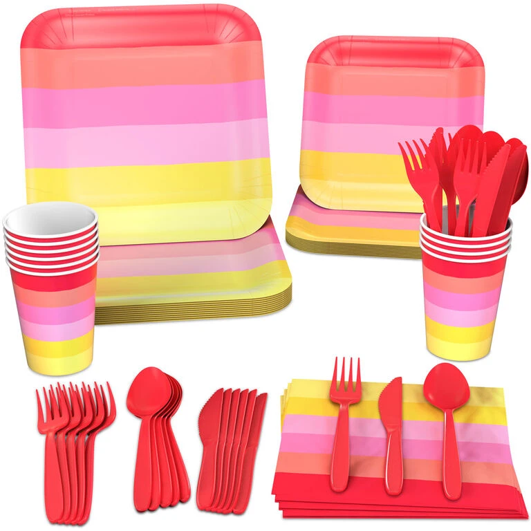Hallmark Color Pop 96-Piece Tableware Basics Party Kit, Warm Ombré Stripe 1 Hallmark Color Pop 96-Piece Tableware Basics Party Kit, Warm Ombré Stripe