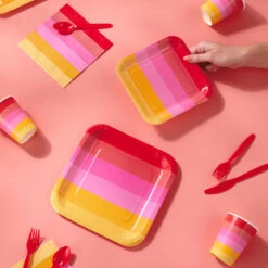 Hallmark Color Pop 96-Piece Tableware Basics Party Kit, Warm Ombré Stripe 5 Hallmark Color Pop 96-Piece Tableware Basics Party Kit, Warm Ombré Stripe -Hallmark Red and Pink Stripe Party in a Box Party Supplies 5CLP1008 03
