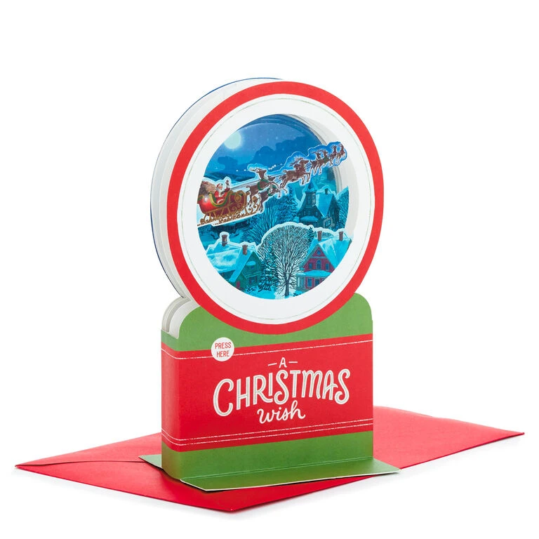 Hallmark Santa's Sleigh Snow Globe Musical 3D Pop-Up Christmas Card With Motion 1 Hallmark Santa's Sleigh Snow Globe Musical 3D Pop-Up Christmas Card With Motion